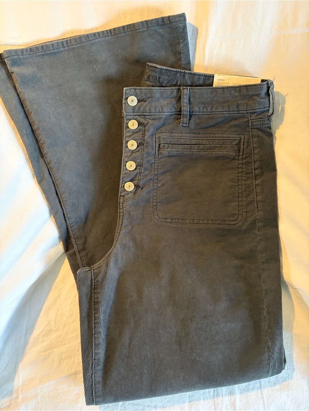 NEW American Eagle Super Hi Rise Flare Exposed Button Fly Gray Corduroy Jeans - Picture 3 of 5